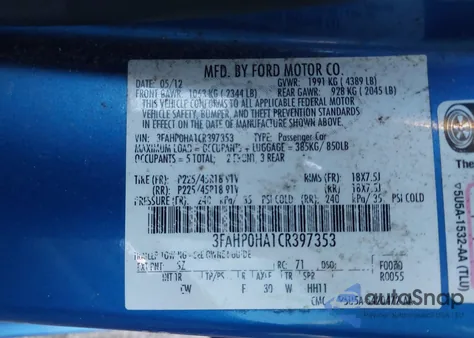 2012 Ford Fusion Se from USA, damaged, VIN 3FAHP0HA1CR397353